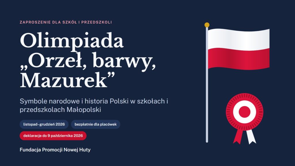 Okładka prezentacji: Olimpiada „Orzeł, barwy, Mazurek” – zaproszenie dla&nbsp;szkół i&nbsp;przedszkoli, biało-czerwona flaga na&nbsp;maszcie i&nbsp;kotylion